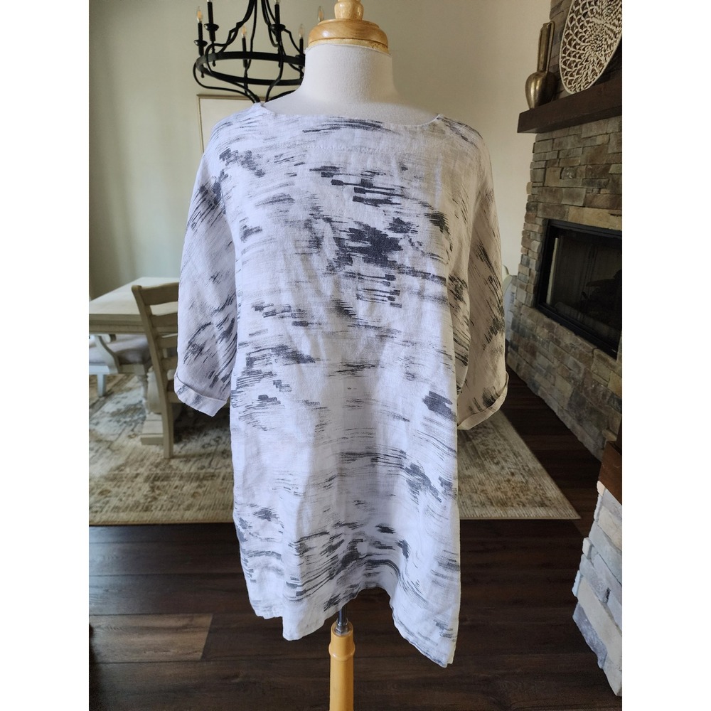 T by Transparente Italy Linen Abstract Tunic Top White Gray XXL Lagenlook